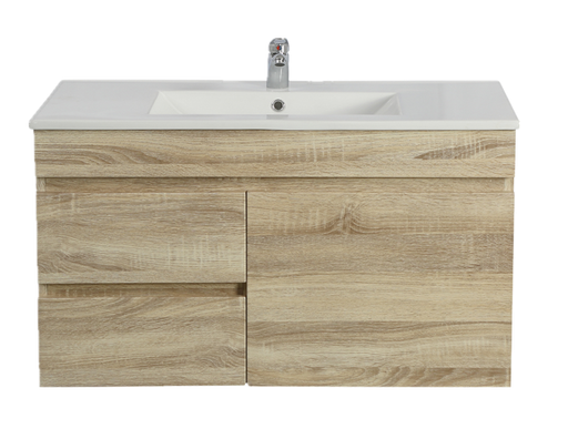 [93165/B94LW-WO] 900Lx500Hx450Dmm White Oak MDF Board with PVC Vacuum Filmed 2L/DW 1R/DR Wall Hung Vanity