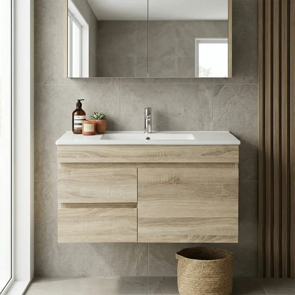 900mm White Oak MDF Wall Hung Bathroom Vanity Cabinet Only Right Drawer PVC Vacuum Filmed