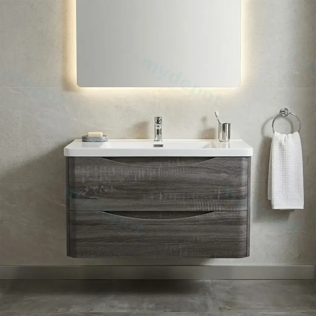 [93242/OW900DG] 900mm Dark Grey MDF Board with PVC Vacuum Filmed Two Drawers Curved Wall Hung Vanity Cabinet Only