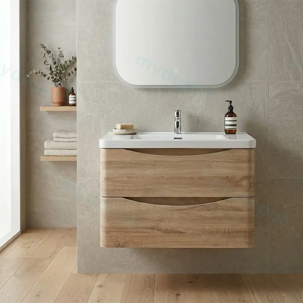 [93241/OW900WO] 900mm White Oak MDF Board with PVC Vacuum Filmed Two Drawers Curved Wall Hung Vanity Cabinet Only