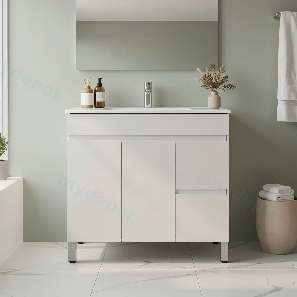 [91017/M93LR] 900Lx830Hx350Dmm Gloss White 2PAC MDF 2R/DW 2L/DR Freestanding Vanity