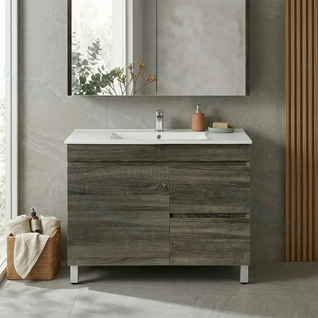 [93122/B94RL-DG] 900mm Dark Grey MDF Freestanding Bathroom Vanity Cabinet Only Left Drawer PVC Vacuum Filmed