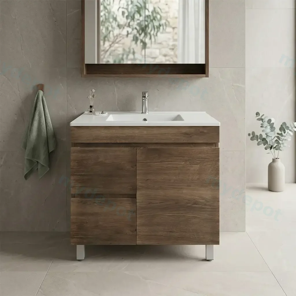 [93127/B94LL-DO] 900mm Dark Oak MDF Freestanding Bathroom Vanity Cabinet Only Right Drawer PVC Vacuum Filmed