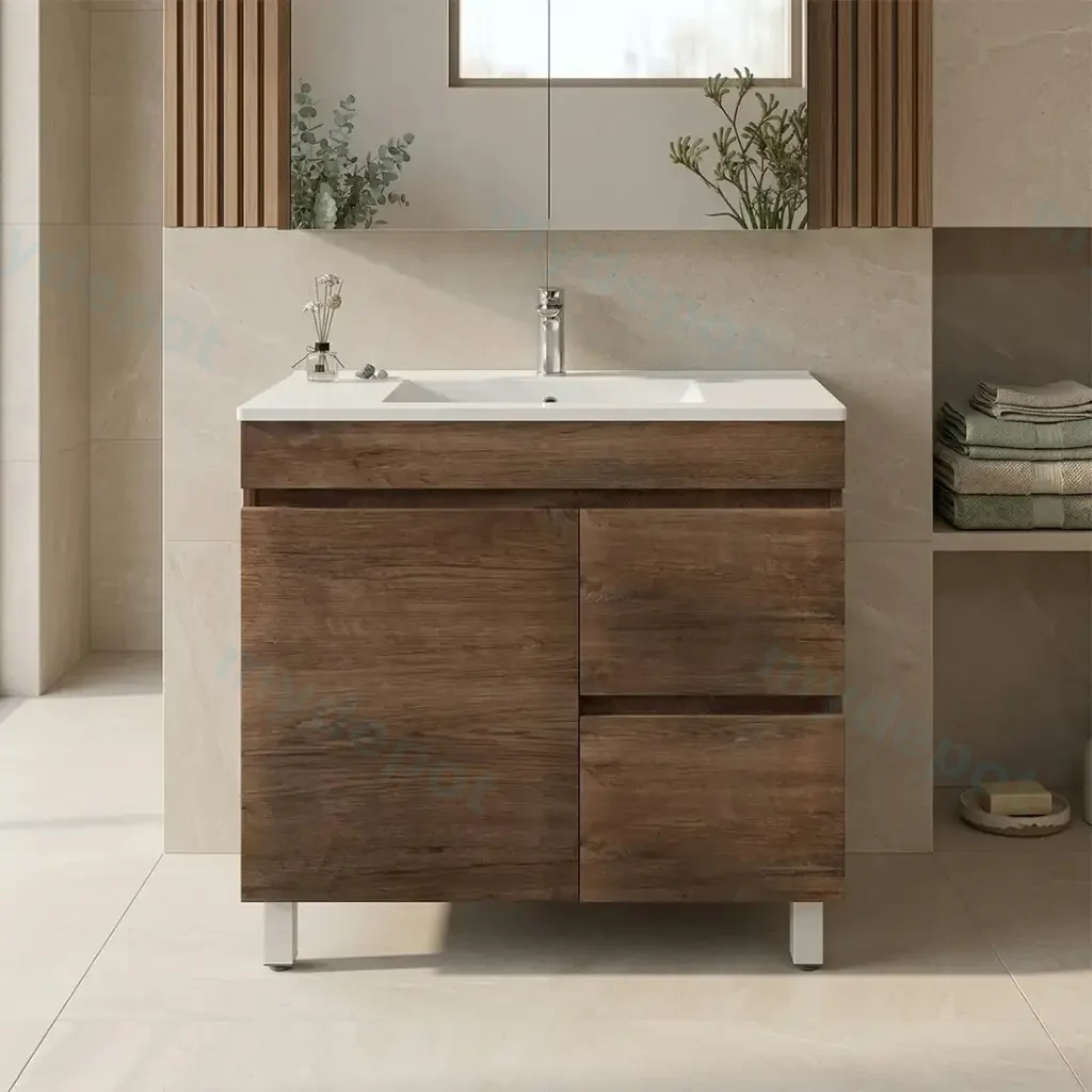 [93123/B94RL-DO] 900mm Dark Oak MDF Freestanding Bathroom Vanity Cabinet Only Left Drawer PVC Vacuum Filmed