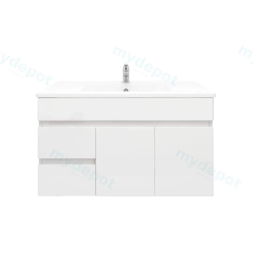 [92021/PVC94WR] 900mm Wall Hung Bathroom Vanity Cabinet Only PVC Right Drawer Gloss White