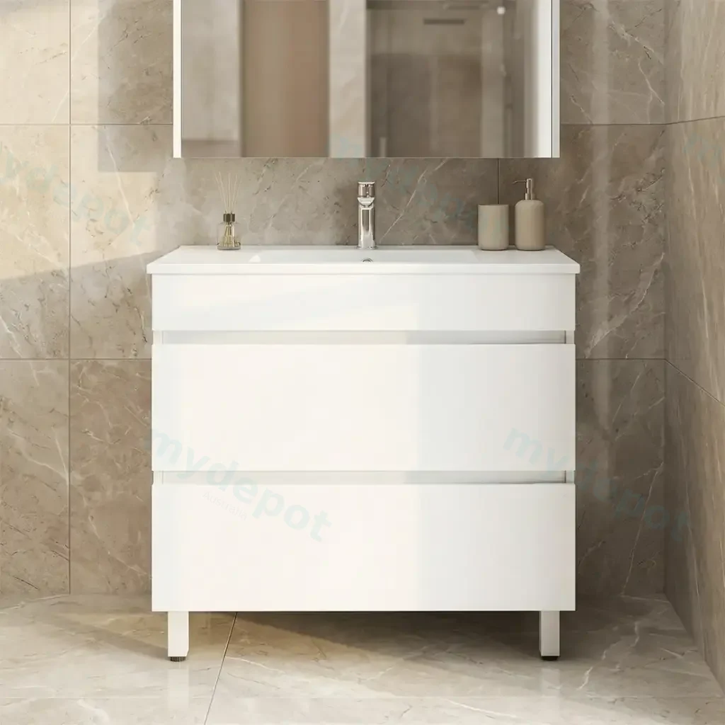 [93044/MW9046L] 900Lx830Hx450Dmm Matte White MDF Board with PVC Vacuum Filmed 2/DW Freestanding Vanity