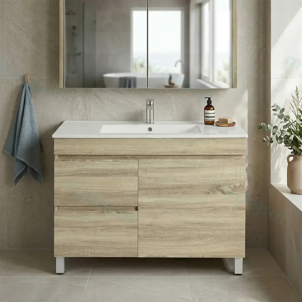 [93125/B94LL-WO] 900mm White Oak MDF Freestanding Bathroom Vanity Cabinet Only Right Drawer PVC Vacuum Filmed