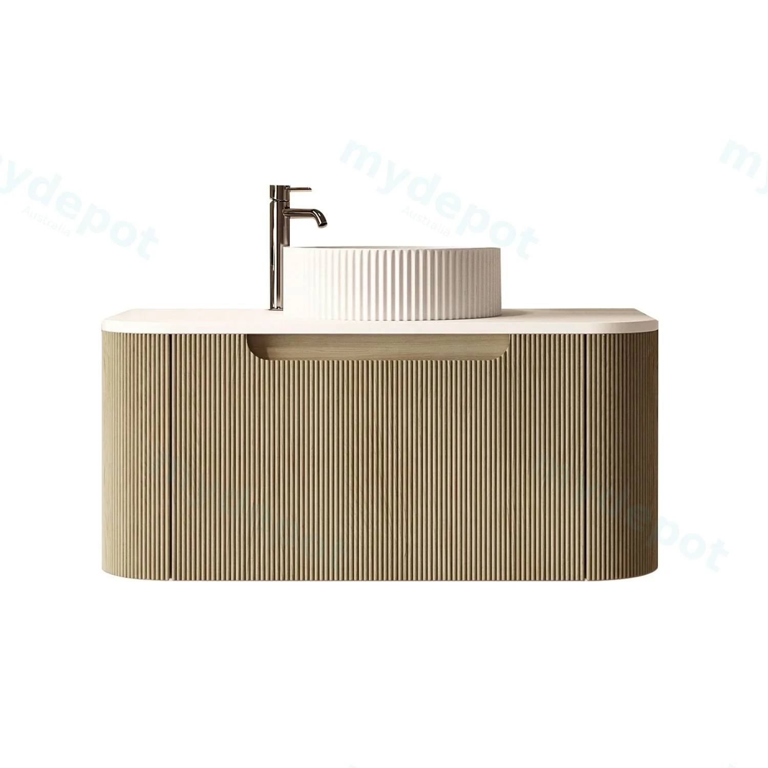 [50783] 900x460x400mm Rome Bur Oak Round Edge Grooved Wall Hung MDF Vanity With White Quartz Stone Top One Soft Closing Drawer
