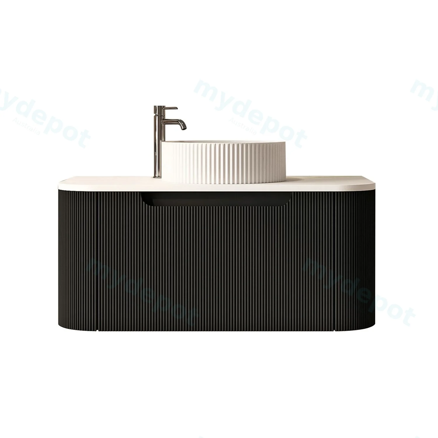 [50784] 900x460x400mm Rome Matt Black Round Edge Grooved Wall Hung MDF Vanity With White Quartz Stone Top One Soft Closing Drawer