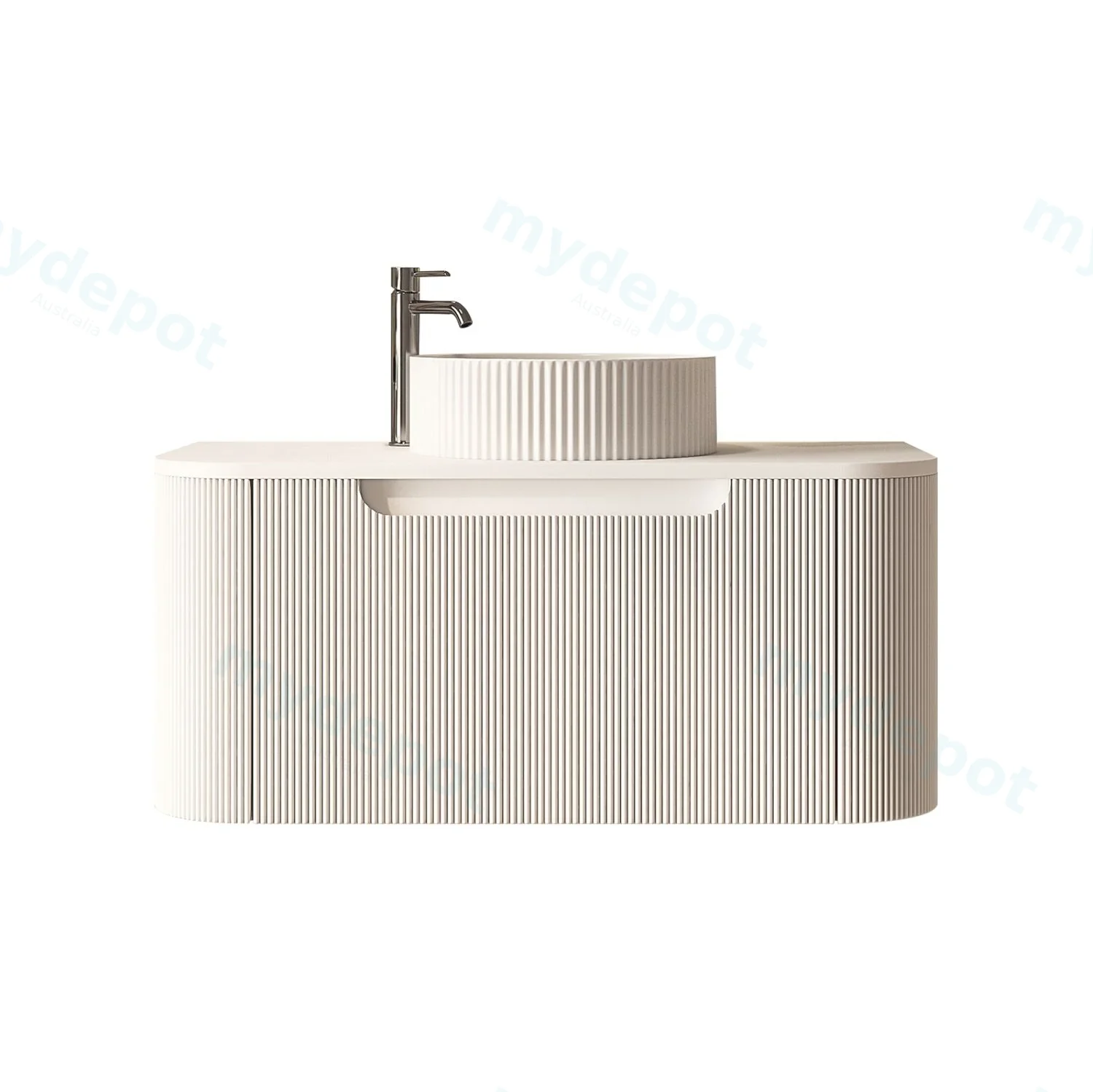 [50785] 900x460x400mm Rome Matt White Round Edge Grooved Wall Hung MDF Vanity With White Quartz Stone Top One Soft Closing Drawer