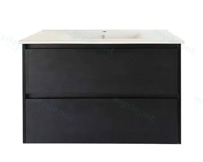 [50765] 900x460x560mm Hera Black Oak Wall Hung MDF Vanity With Black Stone Top Two Soft Closing Drawers