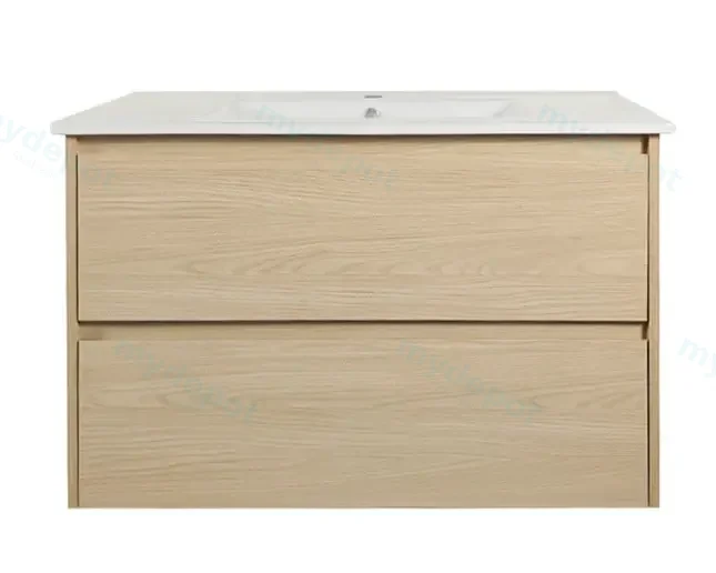 [50770] 900x460x560mm Hera Tas Oak Wall Hung MDF Vanity With Luna White Stone Top Two Soft Closing Drawers