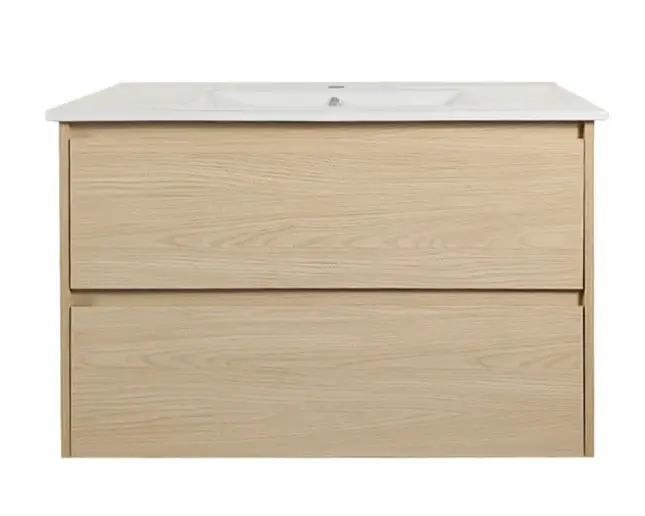 900x460x560mm Hera Tas Oak Wall Hung MDF Vanity With Luna White Stone Top Two Soft Closing Drawers
