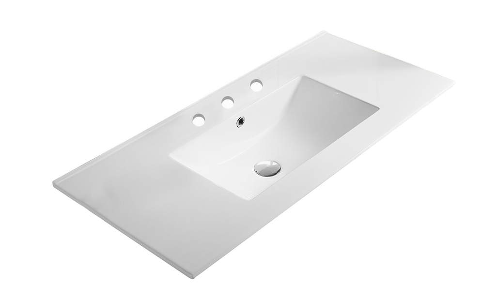 905*463*175mm Gloss White Crete Fine Ceramic Counter Top 3 Tap Hole Overflow,32mm Waste