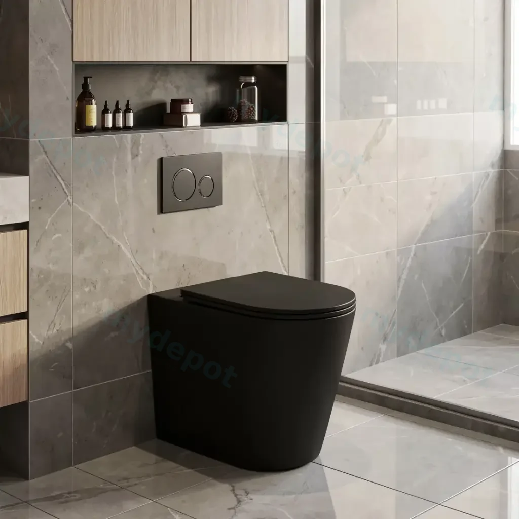 [50328] Berlin99 Matt Black Floor Pan With Slim UF Seat Cover Quiet Flushing Technology