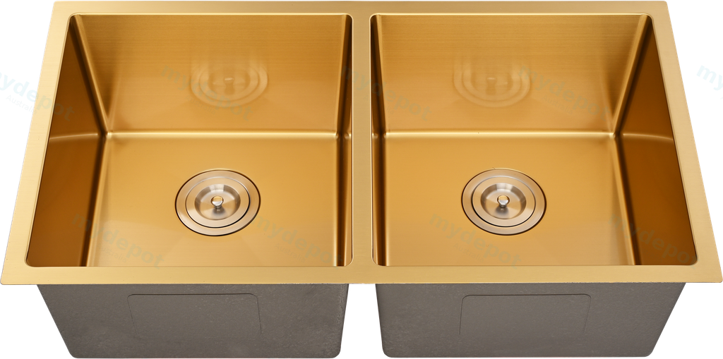 Bowl Size:350X400X230mm Overall Size:775X450X230mm Brushed Gold Kliff Hand Made Stainless Steel Sinks