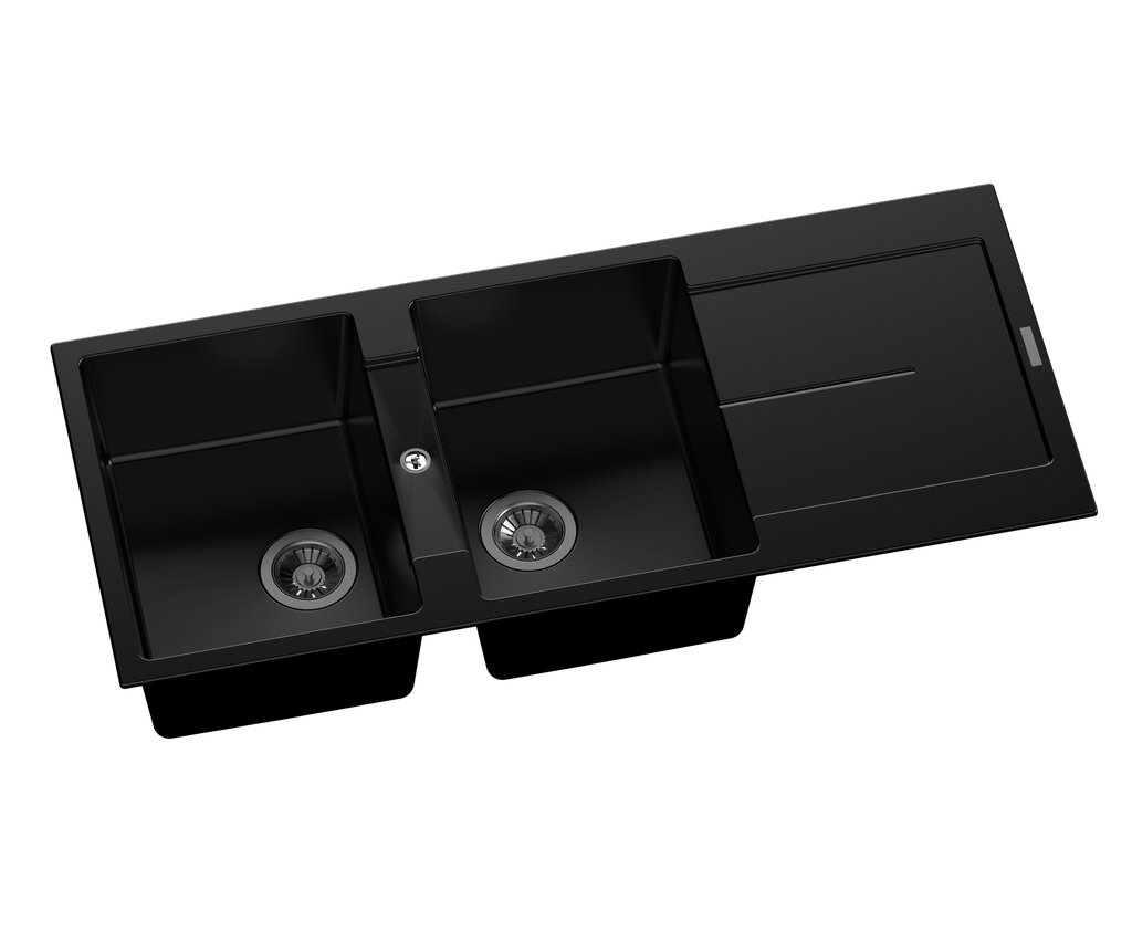 [40564] Carysil Black Double Bowls with Drainer Granite Kitchen Sink 1160*500mm