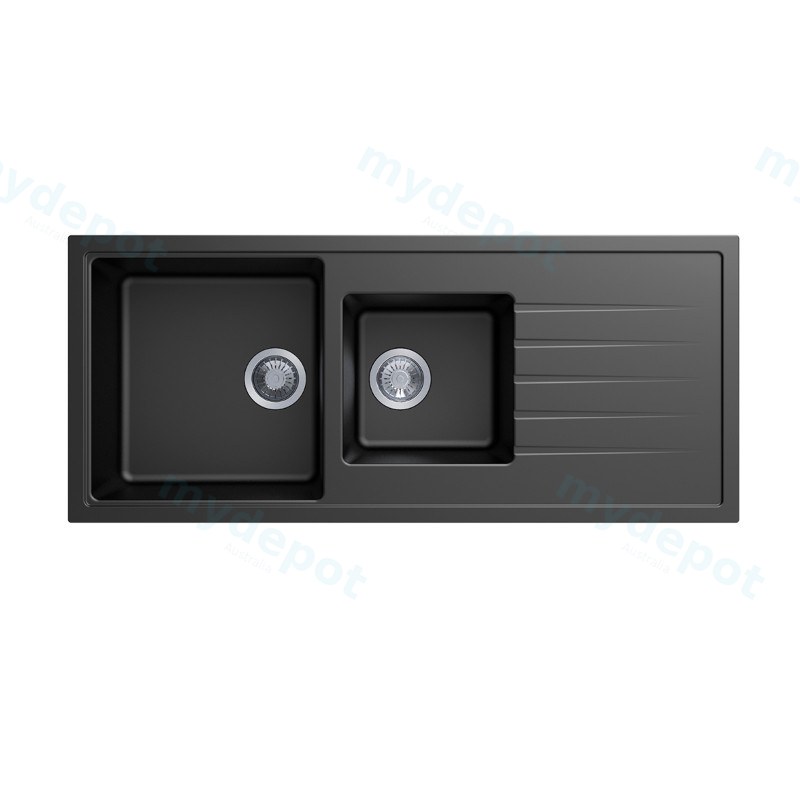 [40561] Carysil Vivaldi Black 1 and 1/2 Bowl Granite Kitchen Sink 1160*500mm