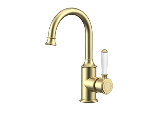 Clasico Gooseneck Basin Mixer Ceramic handle in Brushed Gold