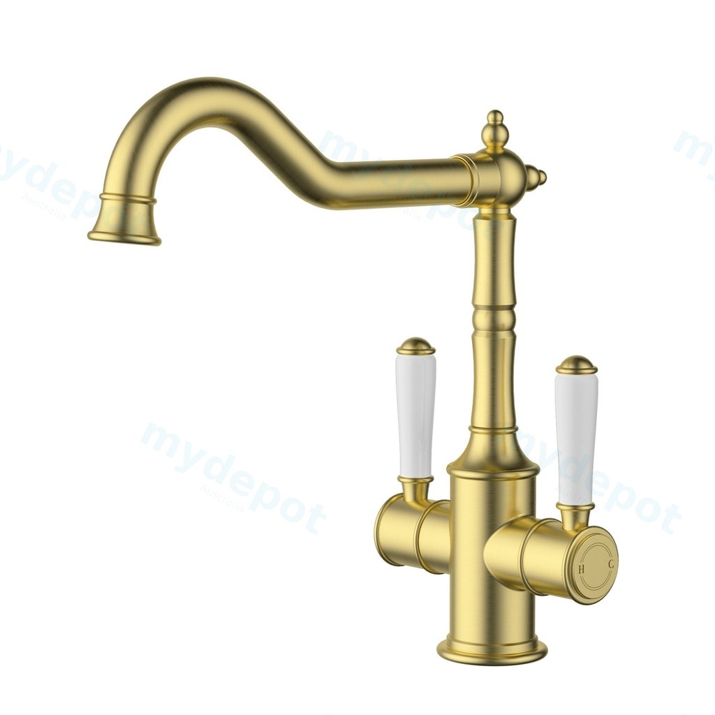 Clasico Twin Handle Sink Mixer Ceramic Handle Brushed Gold