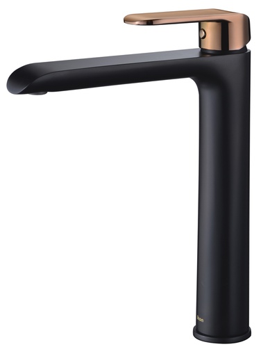 Kara Matt Black Highrise Basin Mixer With Rose Gold Handle Lead Free