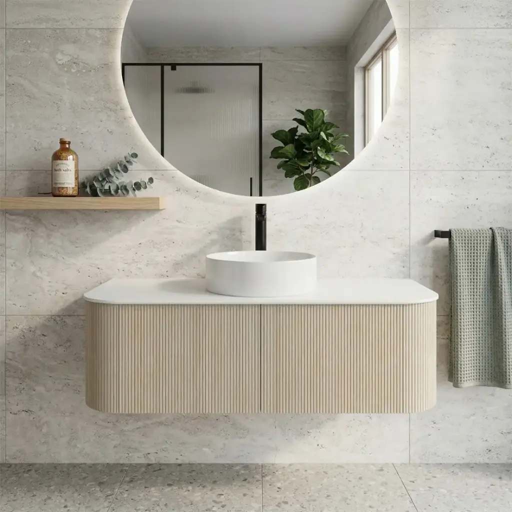 Kiama 1200mm Coastal Oak Two Drawers Curved Wall Hung Vanity Cabinet Only