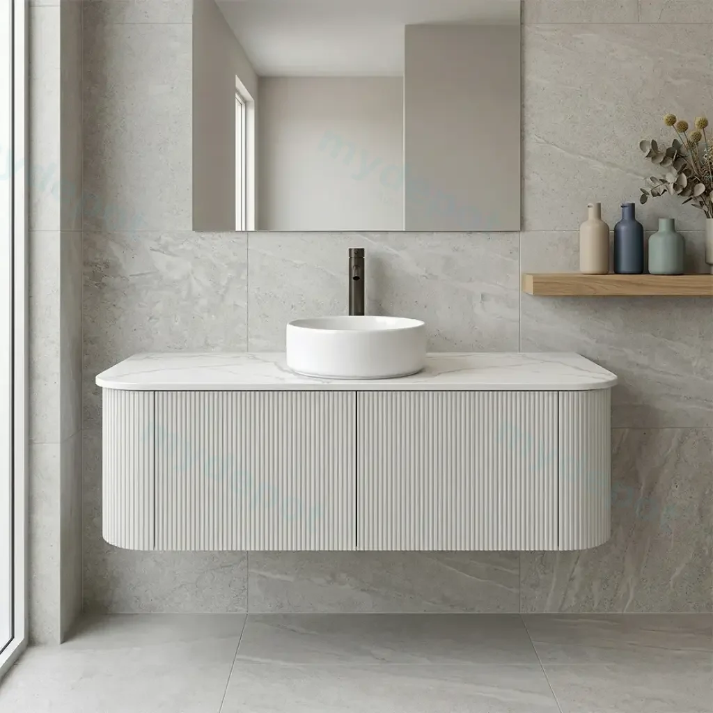 [93382/KC125W-MW] Kiama 1200mm Matte White Two Drawers Curved Wall Hung Vanity Cabinet Only