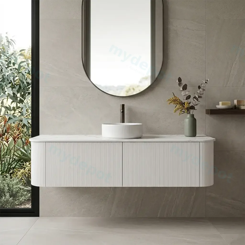 [93383/KC155W-MW] 1500mm Kiama Matte White Two Drawers Curved Wall Hung Vanity Cabinet Only