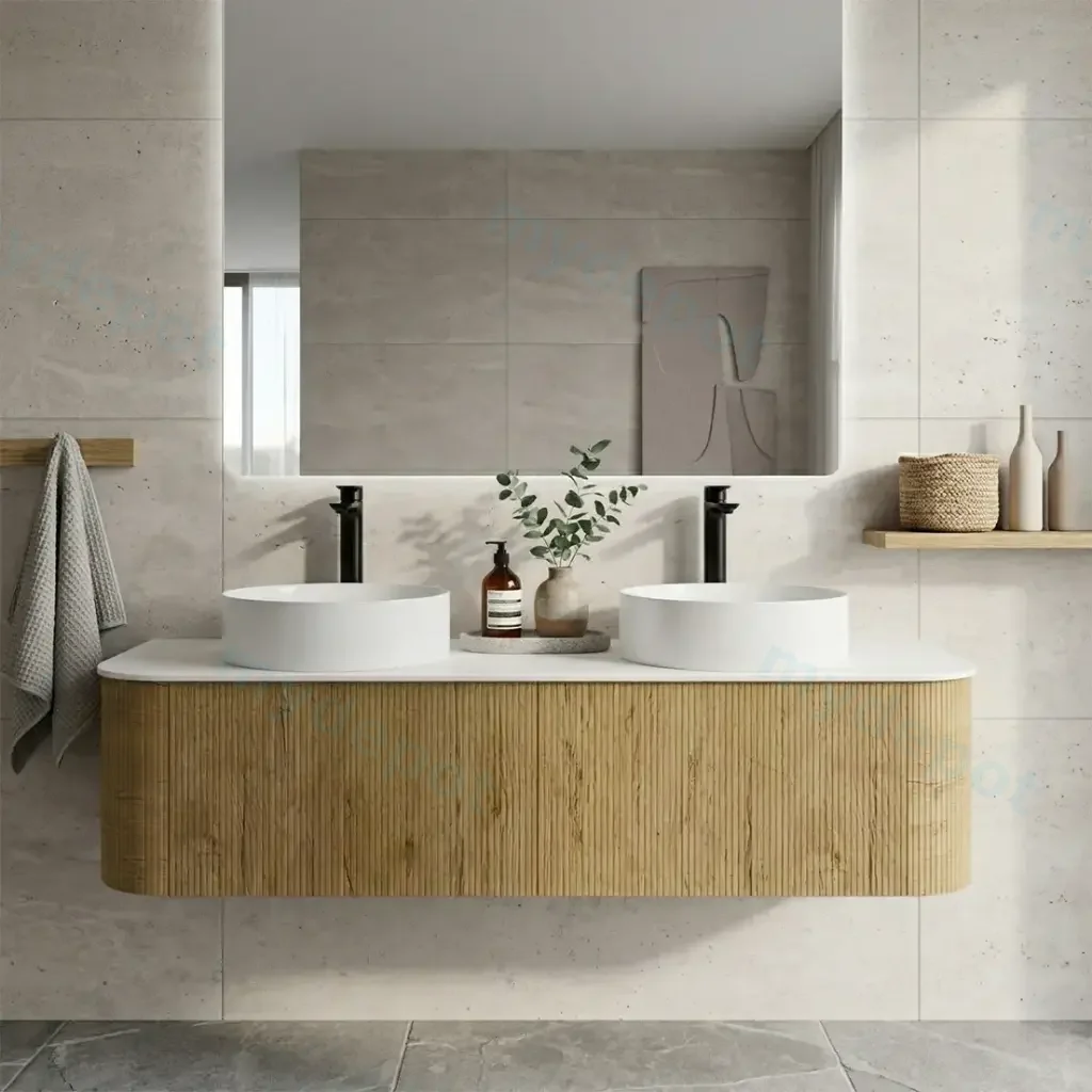 [93296/KC155W-PO] 1500mm Kiama Prime Oak Two Drawers Curved Wall Hung Vanity Cabinet Only