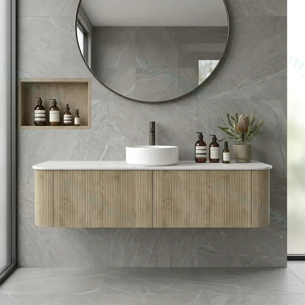 [93393/KC155W-WO] 1500mm Kiama White Oak Two Drawers Curved Wall Hung Vanity Cabinet Only