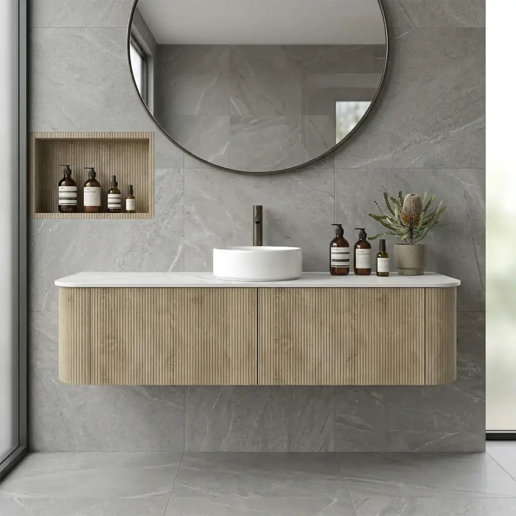 1500mm Kiama White Oak Two Drawers Curved Wall Hung Vanity Cabinet Only