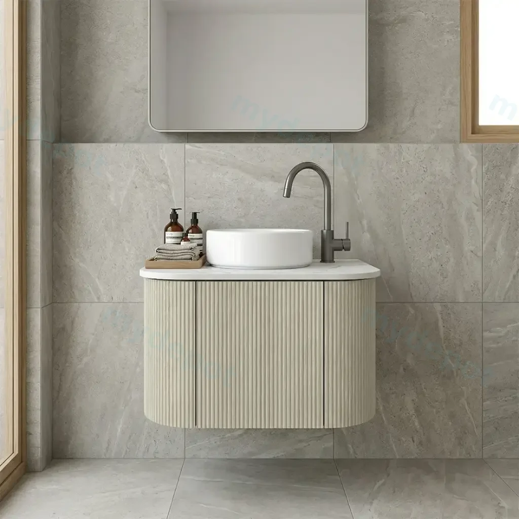 [93365/KC65W-CO] Kiama 600mm Coastal Oak One Door Curved Wall Hung Vanity Cabinet Only