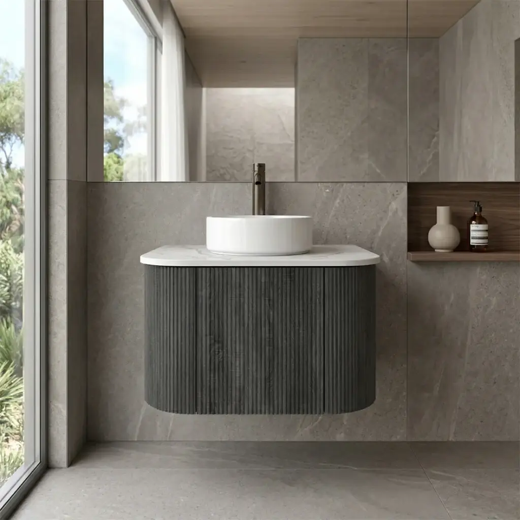 Kiama 600mm Dark Grey One Door Curved Wall Hung Vanity Cabinet Only