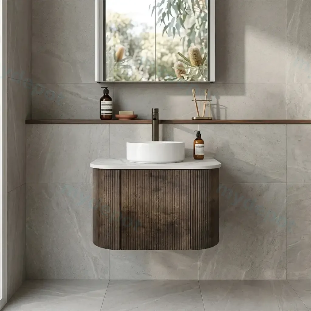 [93399/KC65W-DO] Kiama 600mm Dark Oak One Door Curved Wall Hung Vanity Cabinet Only
