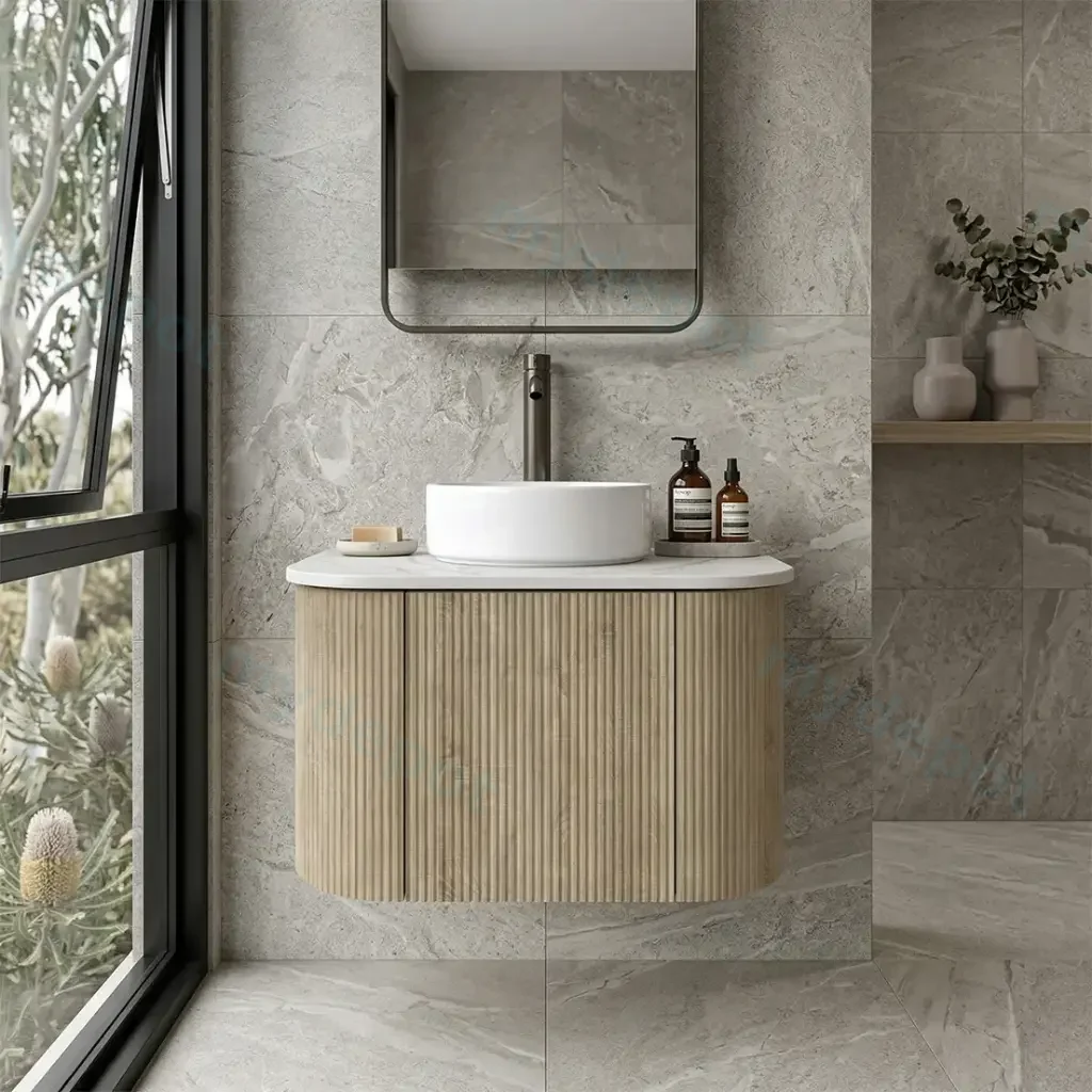 [93389/KC65W-WO] Kiama 600mm White Oak One Door Curved Wall Hung Vanity Cabinet Only