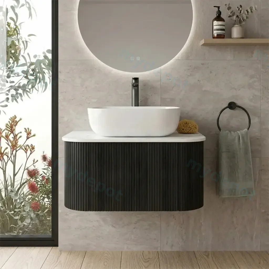 [93311/KC75W-BO] Kiama 750mm Bottega Oak One Drawer Curved Wall Hung Vanity Cabinet Only
