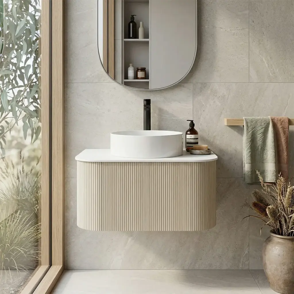 Kiama 750mm Coastal Oak One Drawer Curved Wall Hung Vanity Cabinet Only