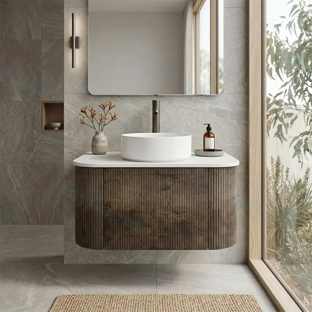 [93400/KC75W-DO] Kiama 750mm Dark Oak One Drawer Curved Wall Hung Vanity Cabinet Only