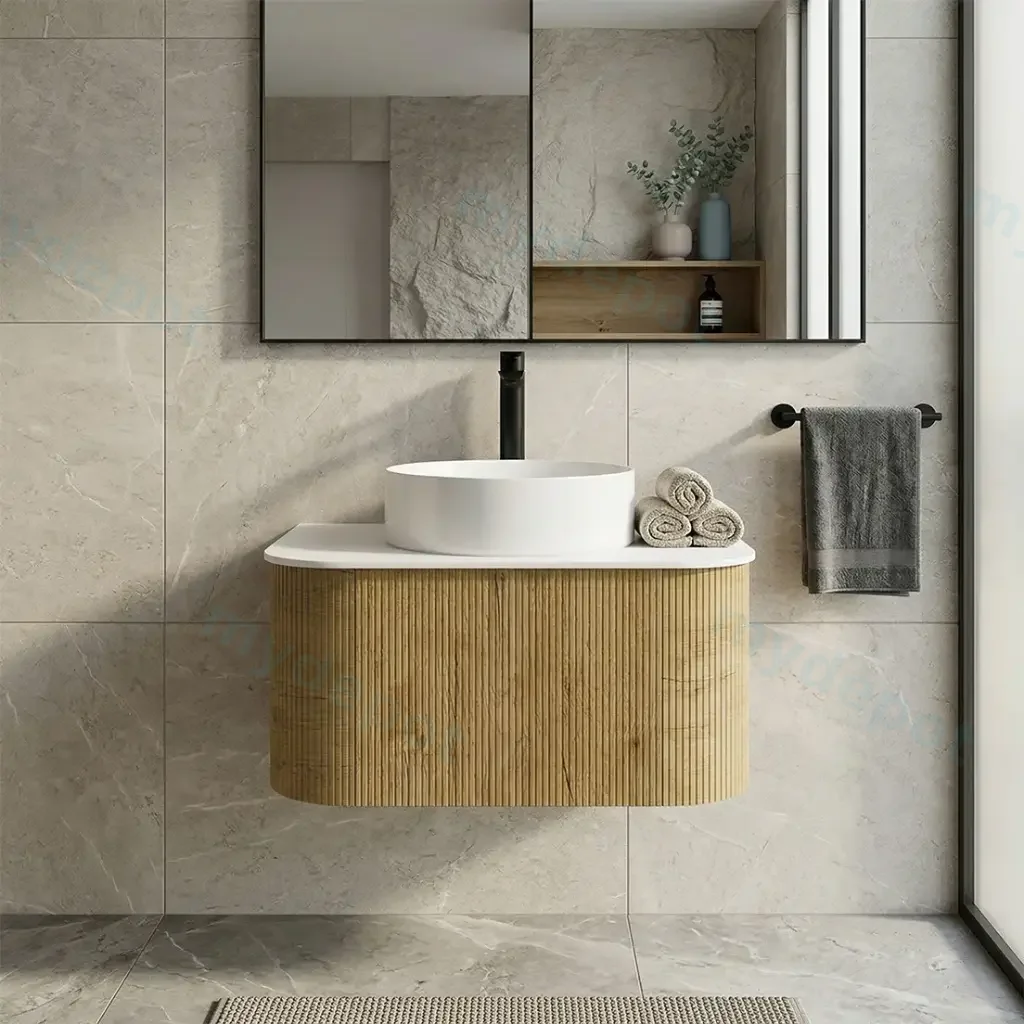 [93293/KC75W-PO] Kiama 750mm Prime Oak One Drawer Curved Wall Hung Vanity Cabinet Only