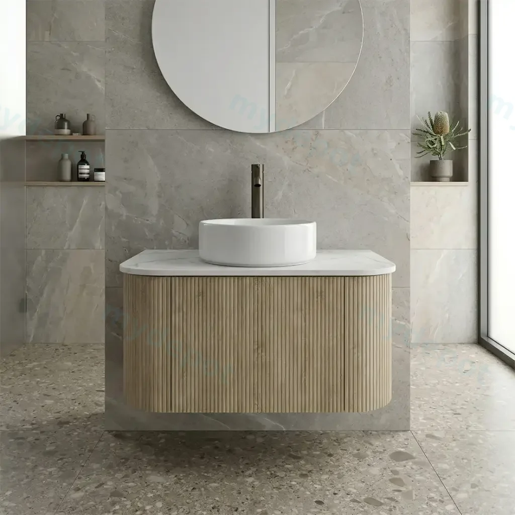 [93390/KC75W-WO] Kiama 750mm White Oak One Drawer Curved Wall Hung Vanity Cabinet Only