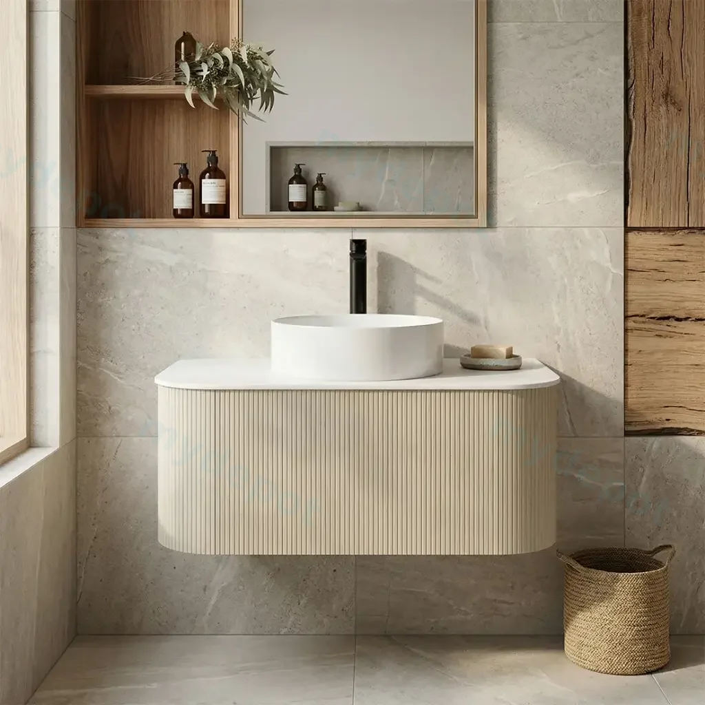 [93298/KC95W-CO] Kiama 900mm Coastal Oak One Drawer Curved Wall Hung Vanity Cabinet Only