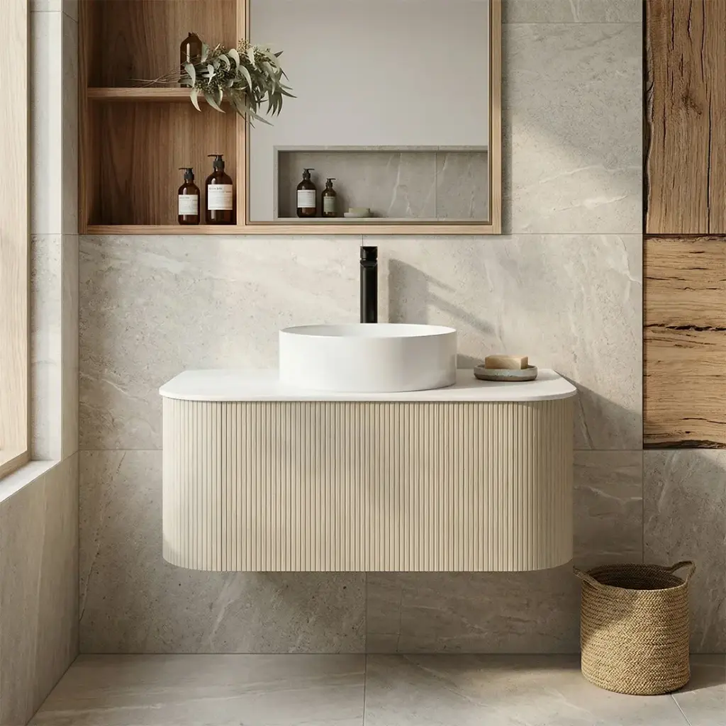 Kiama 900mm Coastal Oak One Drawer Curved Wall Hung Vanity Cabinet Only