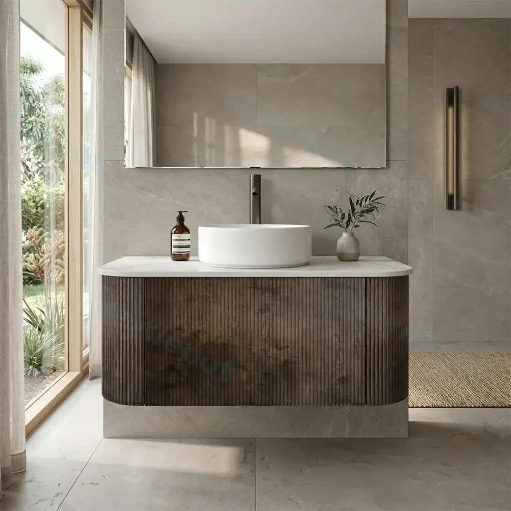 [93401/KC95W-DO] Kiama 900mm Dark Oak One Drawer Curved Wall Hung Vanity Cabinet Only