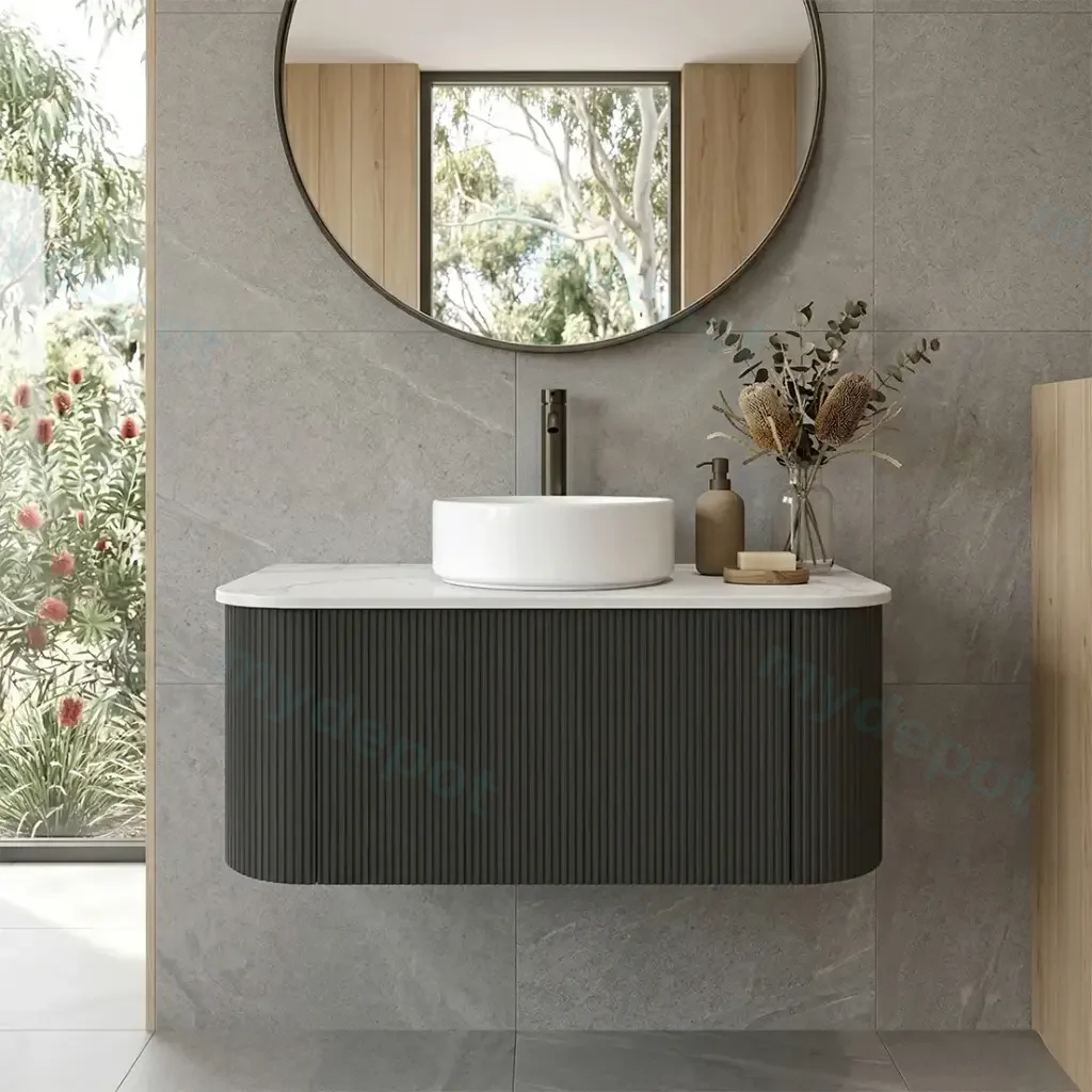[93386/KC95W-MB] Kiama 900mm Matte Black One Drawer Curved Wall Hung Vanity Cabinet Only Only
