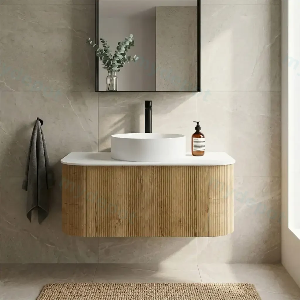 [93294/KC95W-PO] Kiama 900mm Prime Oak One Drawer Curved Wall Hung Vanity Cabinet Only