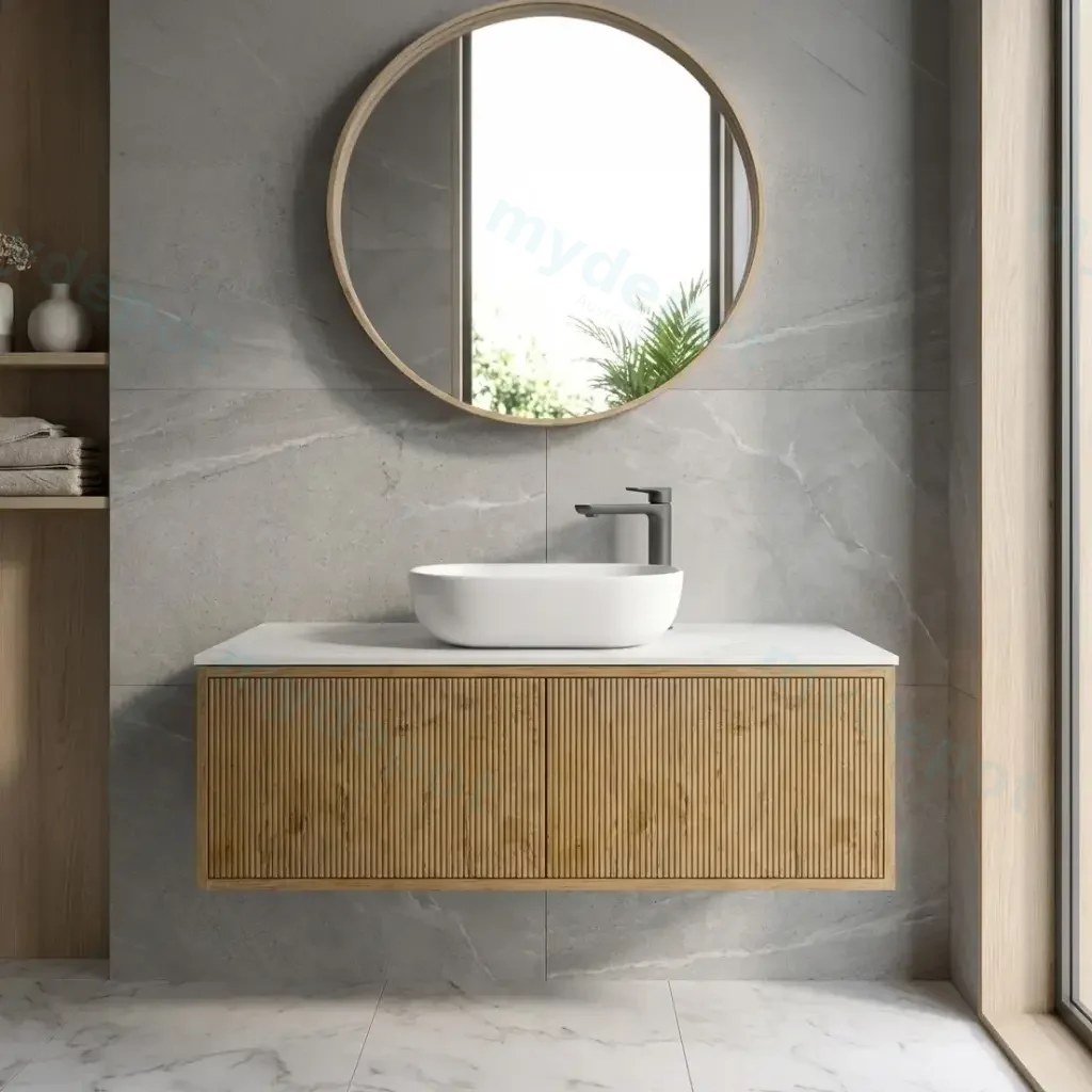 [93283/K1239LW-PO] Kiama Slim 1200mm Prime Oak One Left Drawer One Right Door Narrow Wall Hung Vanity Cabinet Only