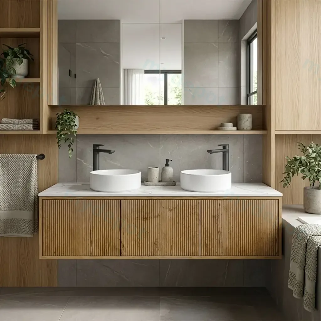 [93285/K1539W-PO] 1500mm Kiama Prime Oak Midder Door Narrow Wall Hung Vanity Cabinet Only