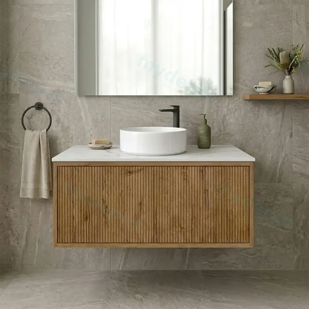 [93281/K939LW-PO] Kiama Slim 900mm Prime Oak One Left Drawer One Right Door Narrow Wall Hung Vanity Cabinet Only