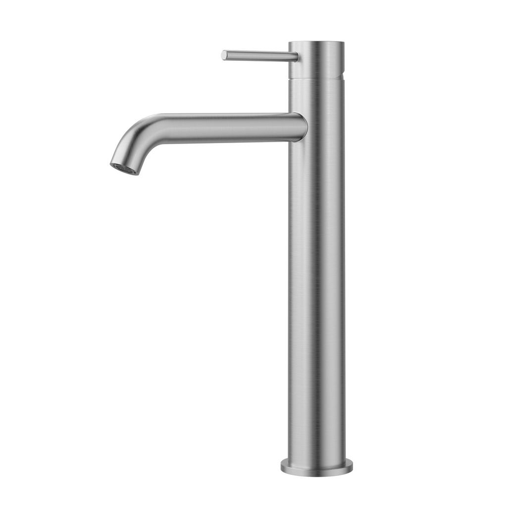 Otus Slimline SS Highrise Basin Mixer Curved Spout Brushed Stainless Steel