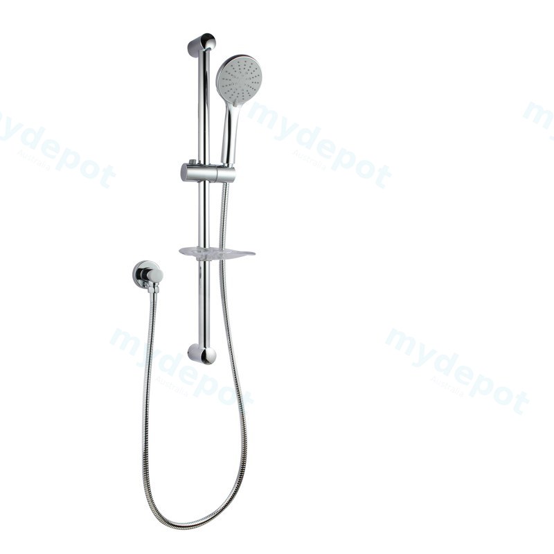 [40280] Round Chrome Shower Rail Sliding Holder with Soap Dish Water Hose & Wall Connector Only